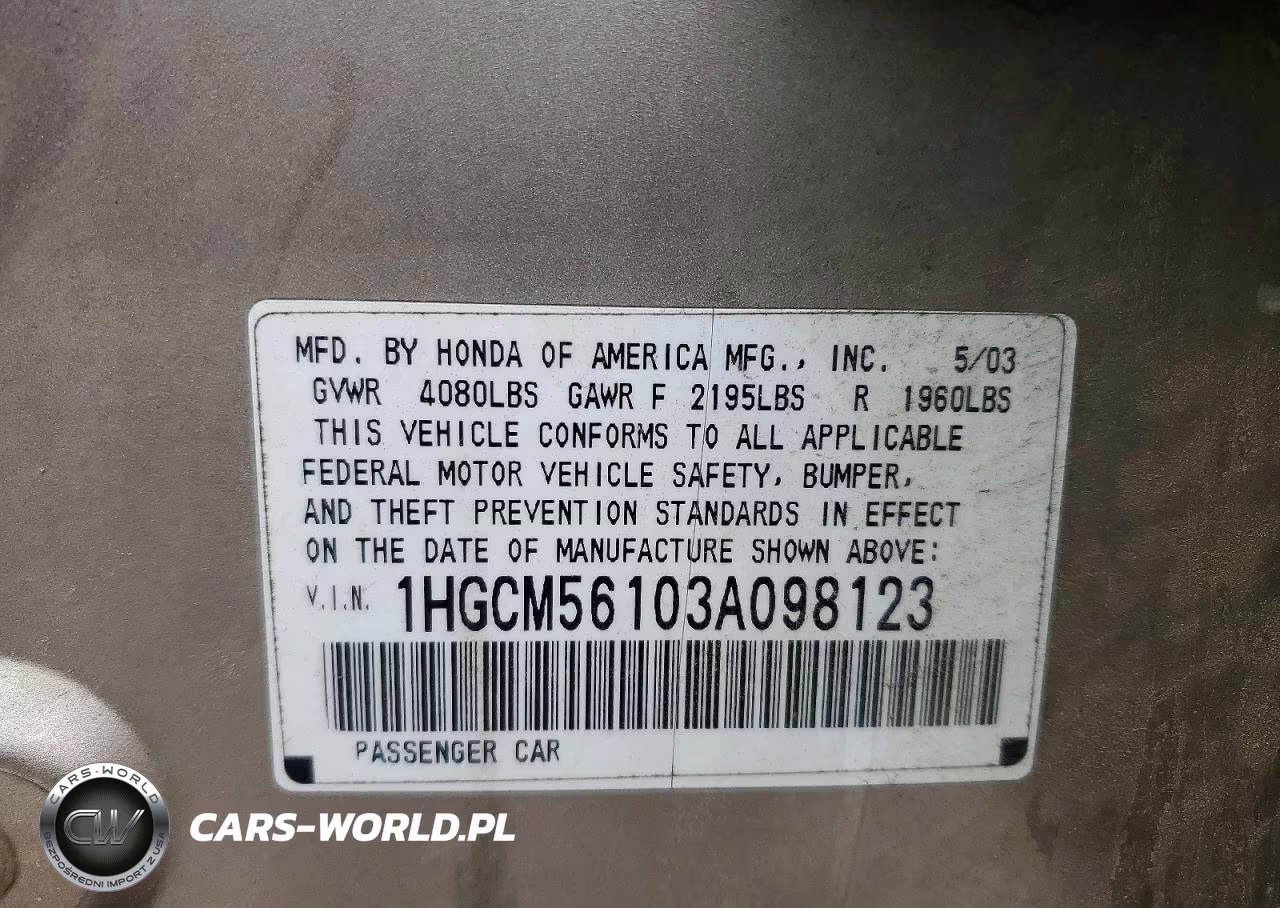 2003 Honda Accord Dx VIN:1HGCM56103A098123 - 12