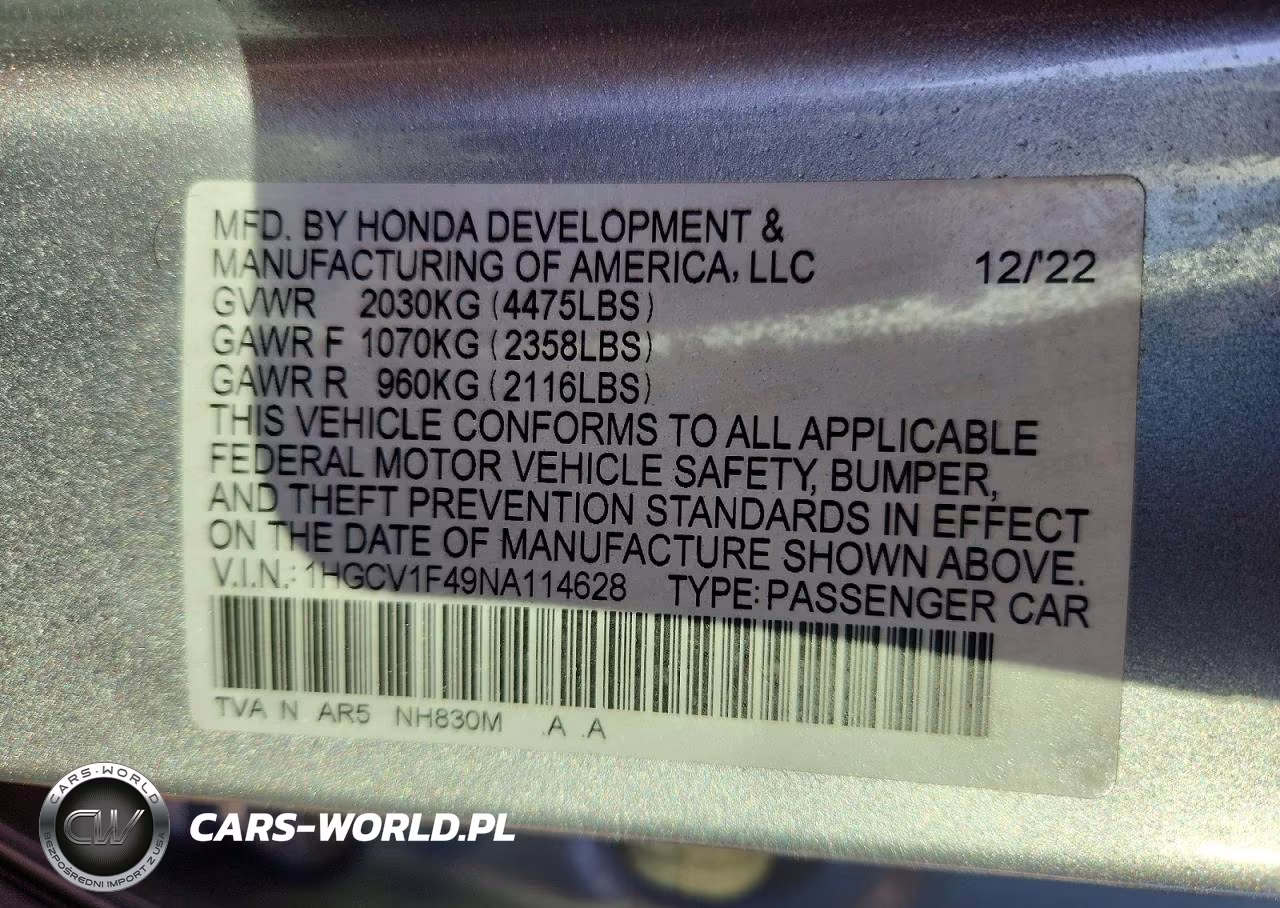 2022 Honda Accord Sport Se VIN:1HGCV1F49NA114628 - 13