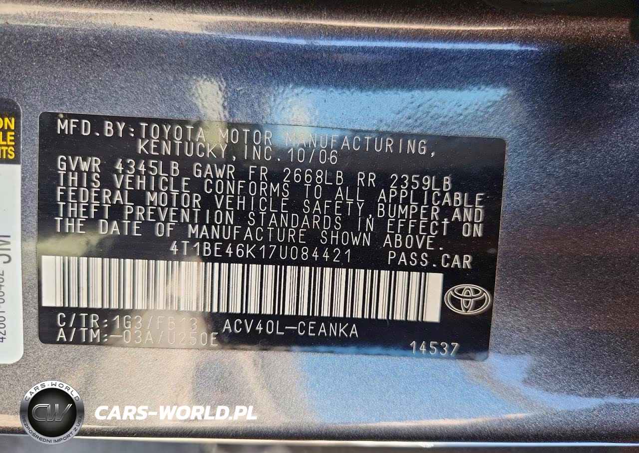 2007 Toyota Camry Le VIN:4T1BE46K17U084421 - 12