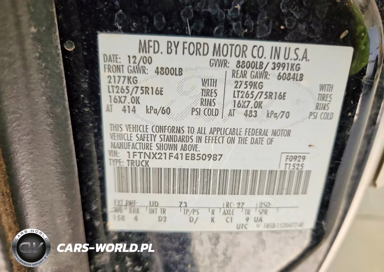 2001 Ford F250 Super Duty VIN:1FTNX21F41EB50987 - 12