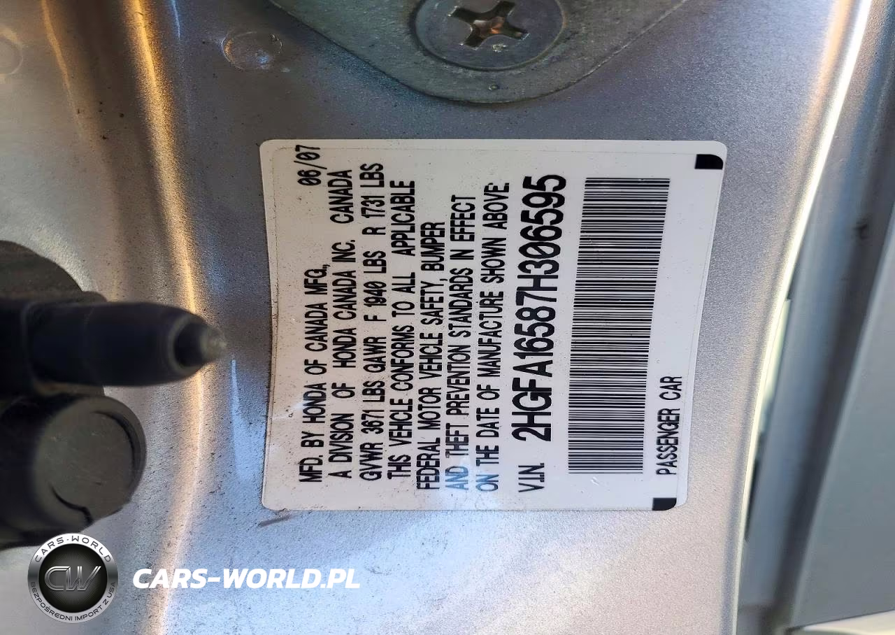 2007 Honda Civic Lx VIN:2HGFA16587H306595 - 12