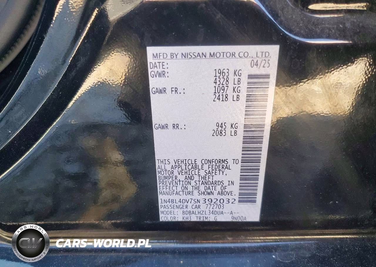 2025 Nissan Altima Sv VIN:1N4BL4DV7SN392032 - 12