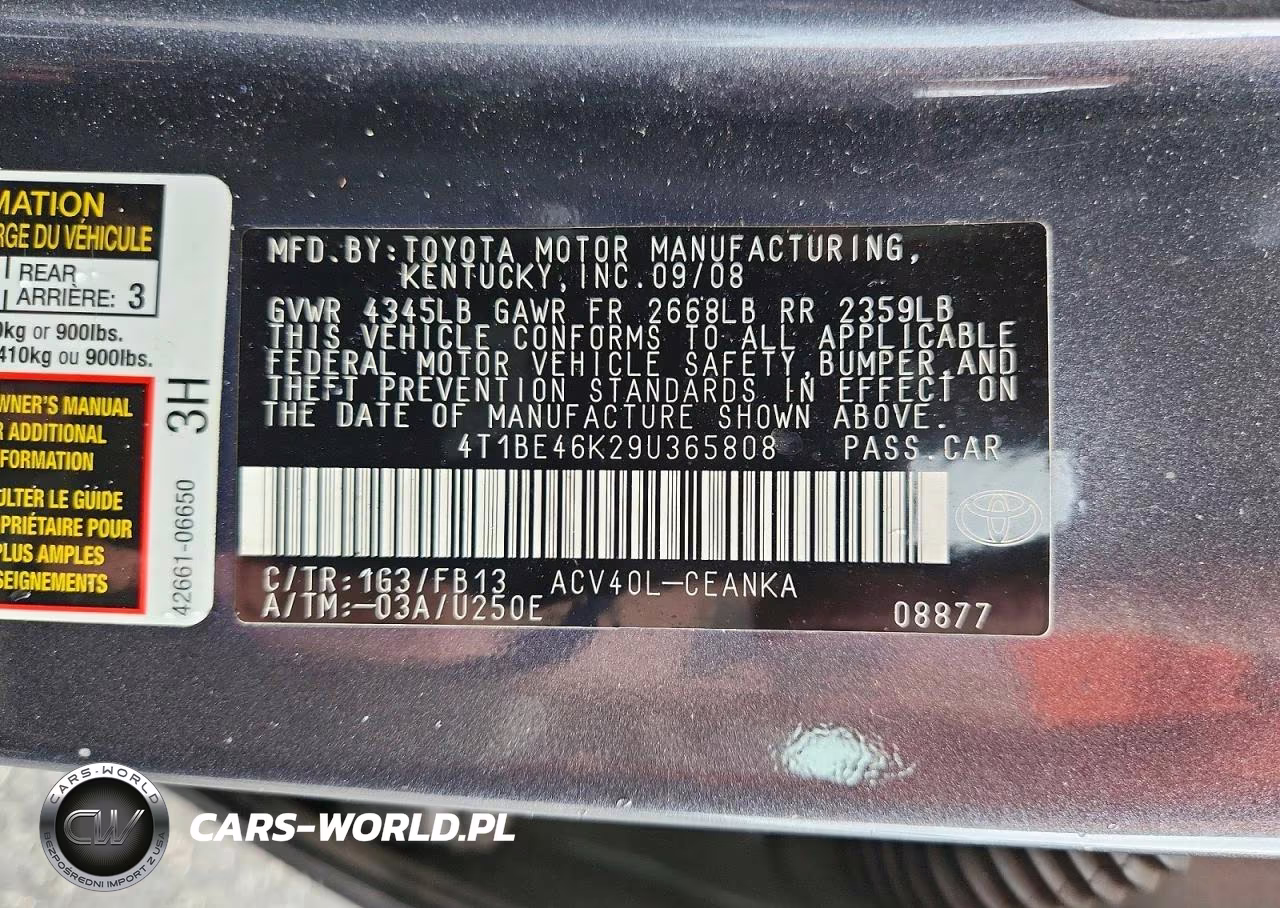 2009 Toyota Camry Le VIN:4T1BE46K29U365808 - 12
