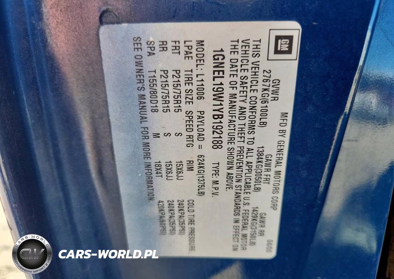 2000 Chevrolet Astro VIN:1GNEL19W1YB192188 - 13
