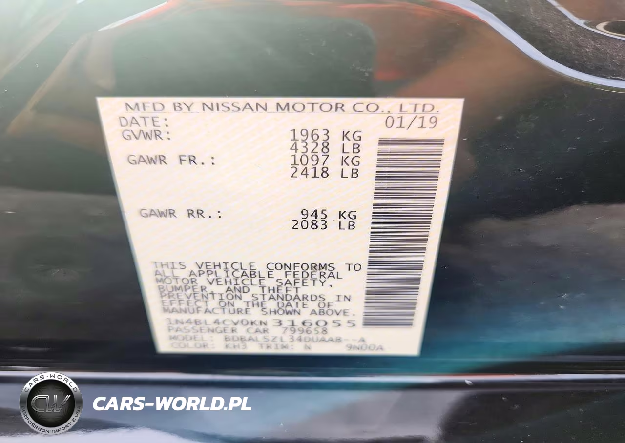 2019 Nissan Altima Sr VIN:1N4BL4CV0KN316055 - 12