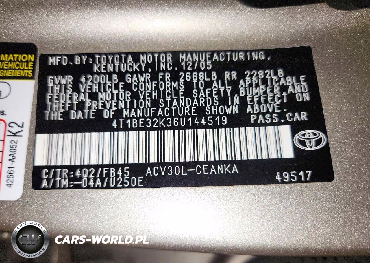 2006 Toyota Camry Le VIN:4T1BE32K36U144519 - 12