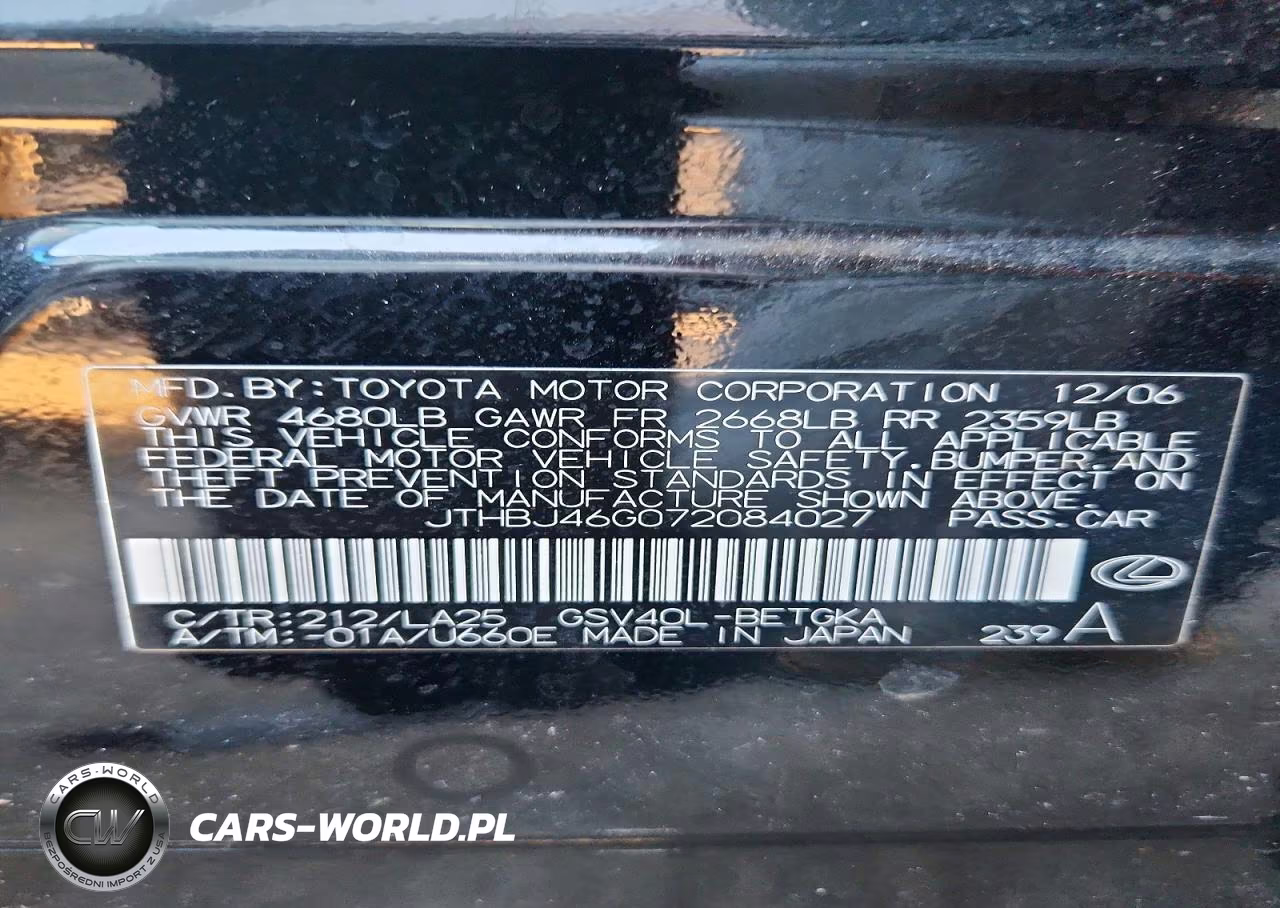 2007 Lexus Es 350 VIN:JTHBJ46G072084027 - 12