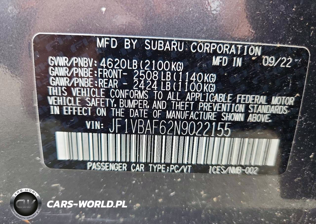 2022 Subaru Wrx Premium VIN:JF1VBAF62N9022155 - 12