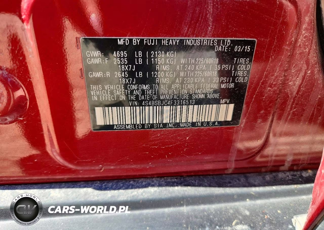2015 Subaru Outback 2.5I Limited VIN:4S4BSBJC4F3316513 - 12