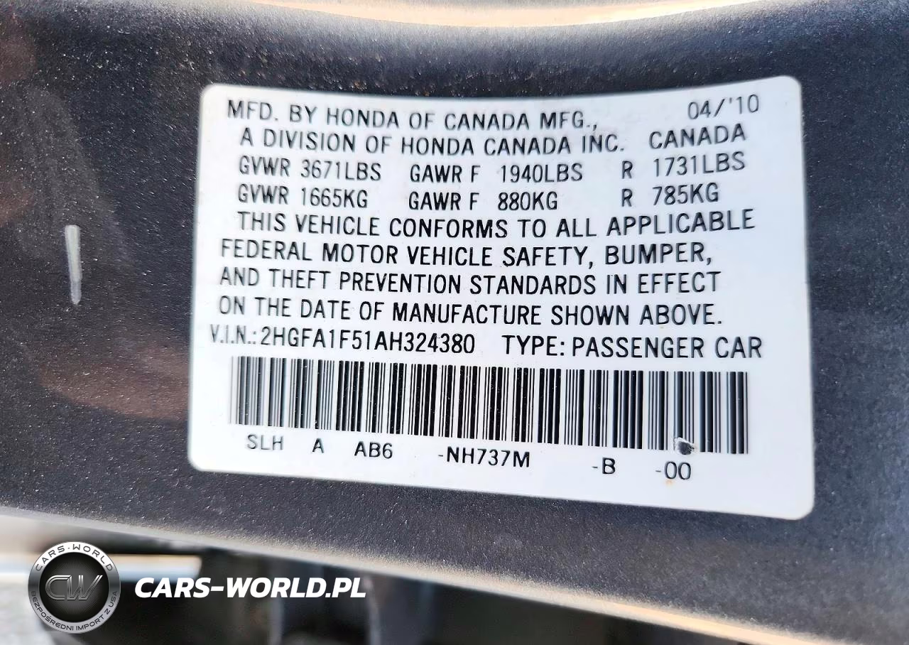 2010 Honda Civic Lx VIN:2HGFA1F51AH324380 - 12