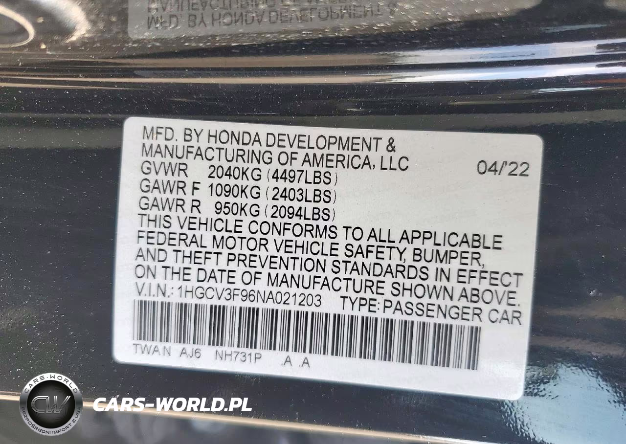 2022 Honda Accord Touring Hybrid VIN:1HGCV3F96NA021203 - 13