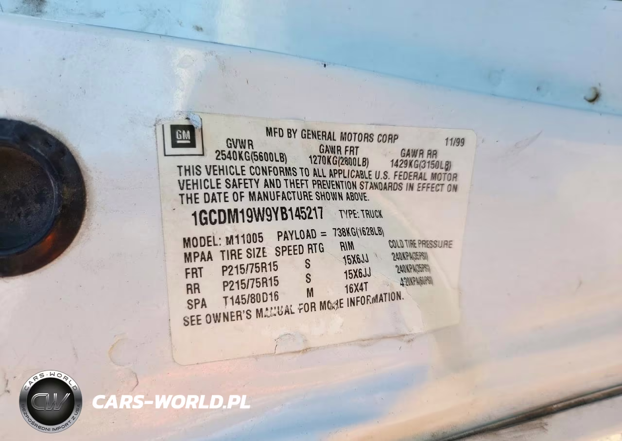 2000 Chevrolet Astro Van Delivery Van VIN:1GCDM19W9YB145217 - 12