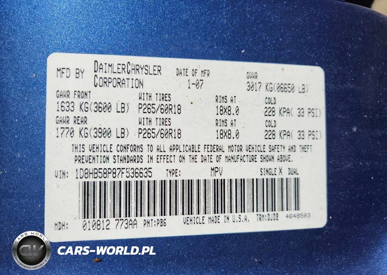 2007 Dodge Durango Limited VIN:1D8HB58P87F536635 - 13