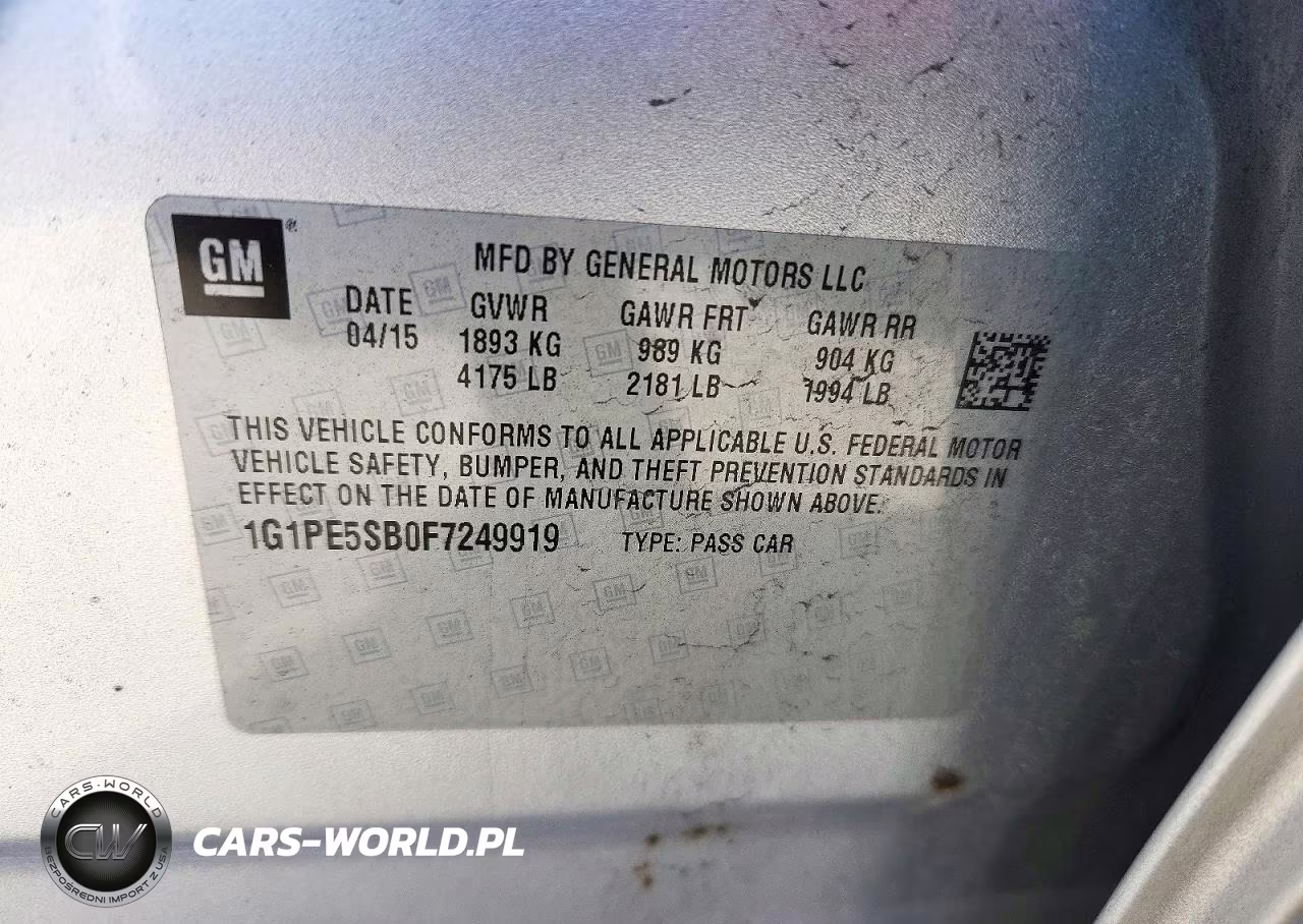 2015 Chevrolet Cruze Lt VIN:1G1PE5SB0F7249919 - 12
