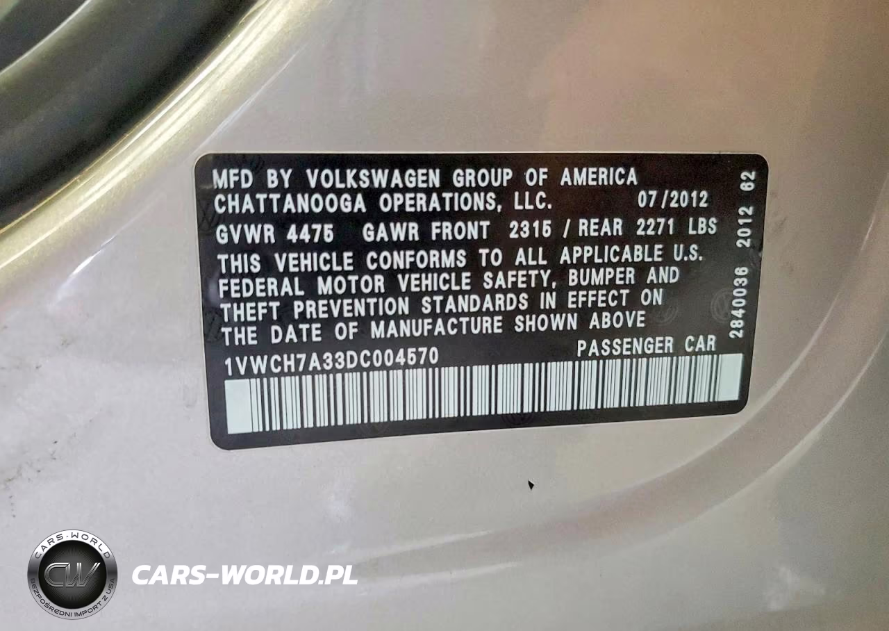 2013 Volkswagen Passat Sel VIN:1VWCH7A33DC004570 - 12