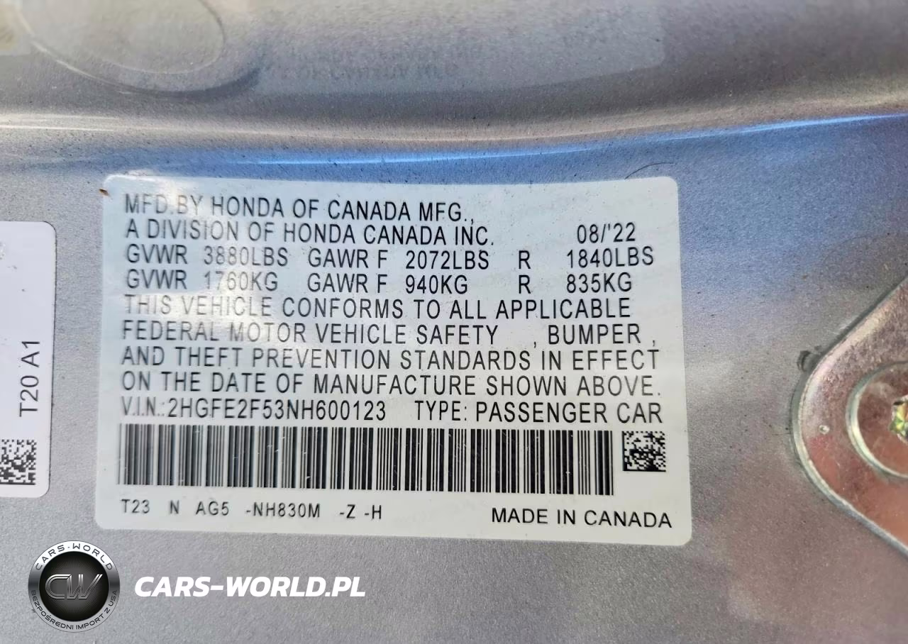 2022 Honda Civic Sport VIN:2HGFE2F53NH600123 - 12