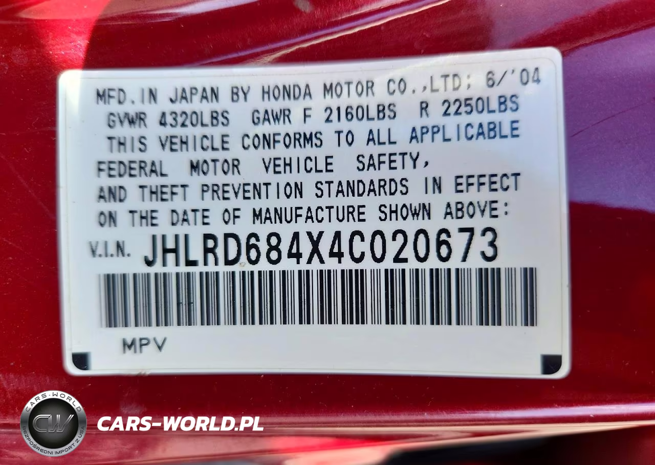 2004 Honda Cr-V Lx VIN:JHLRD684X4C020673 - 13