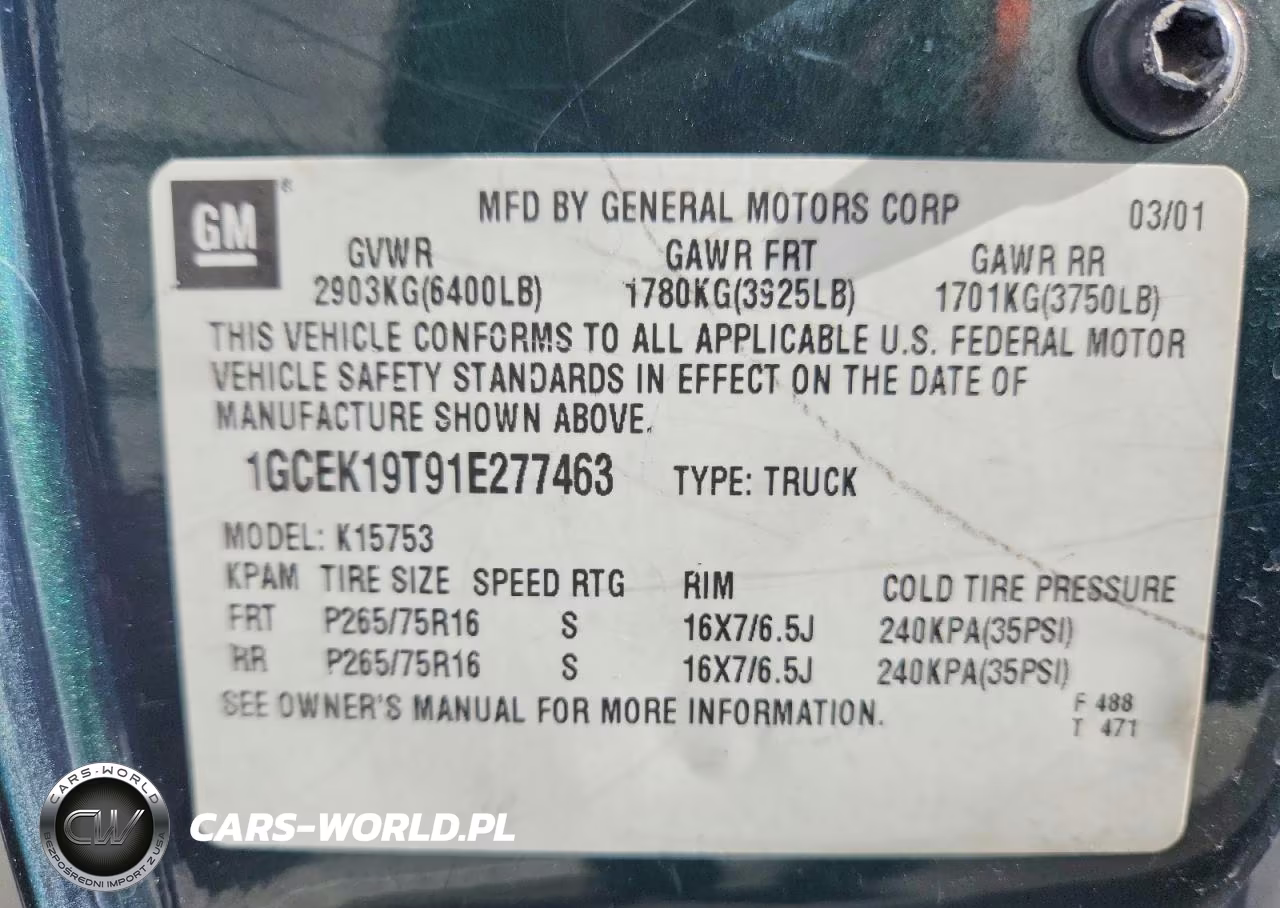 2001 Chevrolet Silverado K1500 VIN:1GCEK19T91E277463 - 12