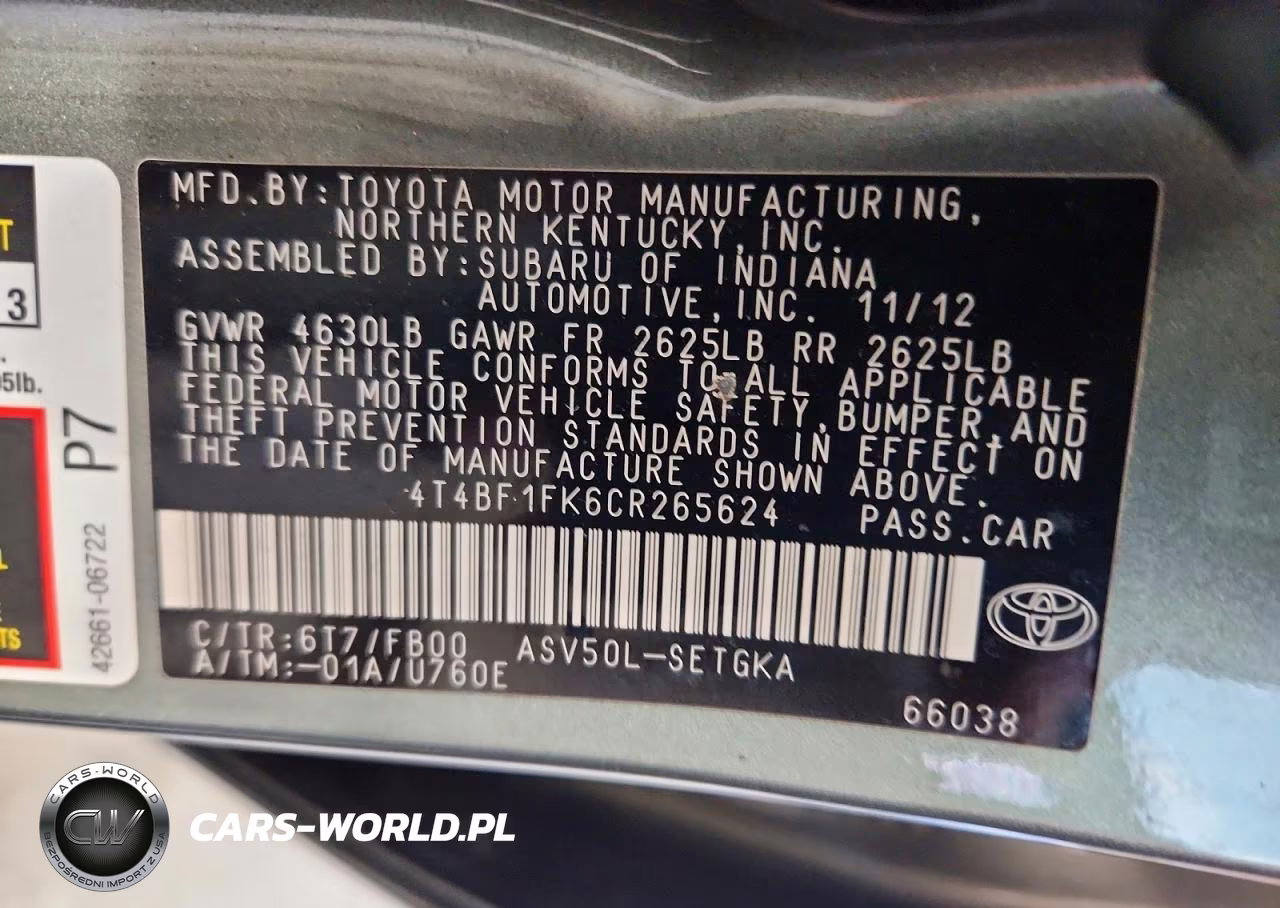 2012 Toyota Camry Xle VIN:4T4BF1FK6CR265624 - 12