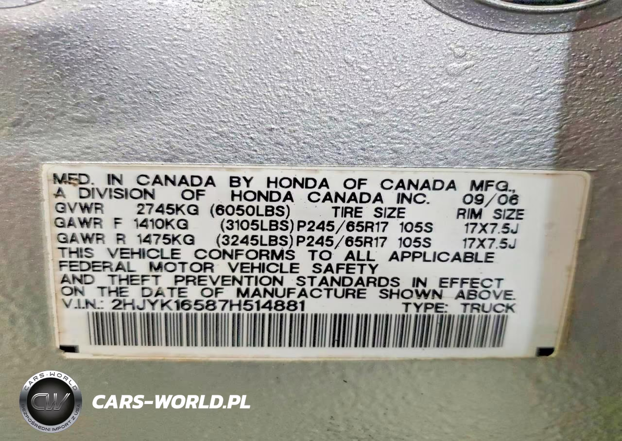 2007 Honda Ridgeline Rtl VIN:2HJYK16587H514881 - 12