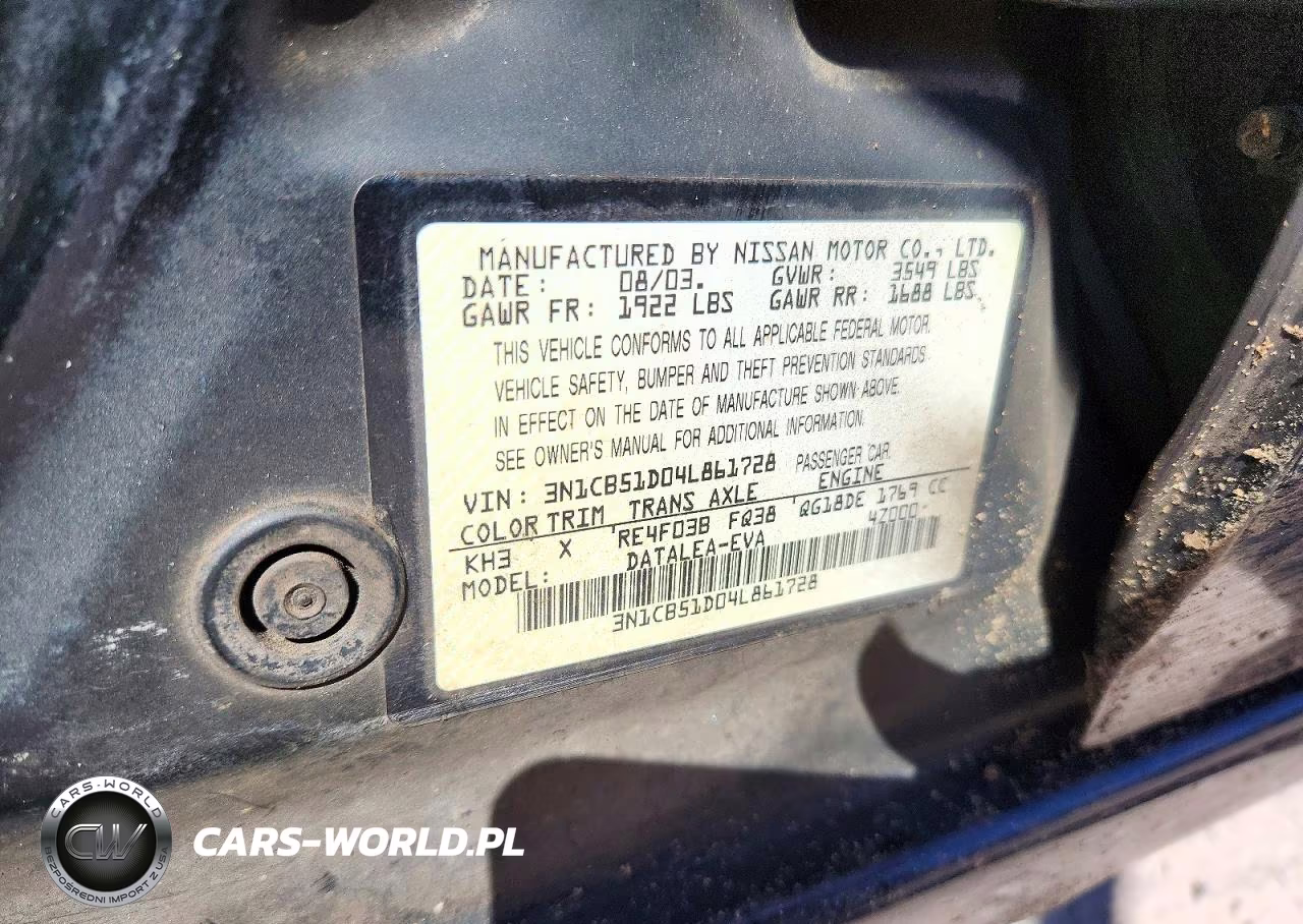2004 Nissan Sentra 1.8 VIN:3N1CB51D04L861728 - 12