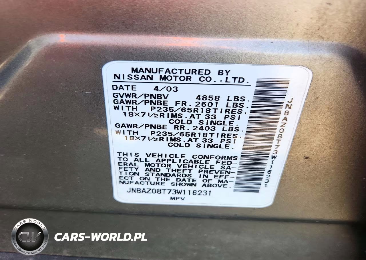 2003 Nissan Murano Sl VIN:JN8AZ08T73W116231 - 12