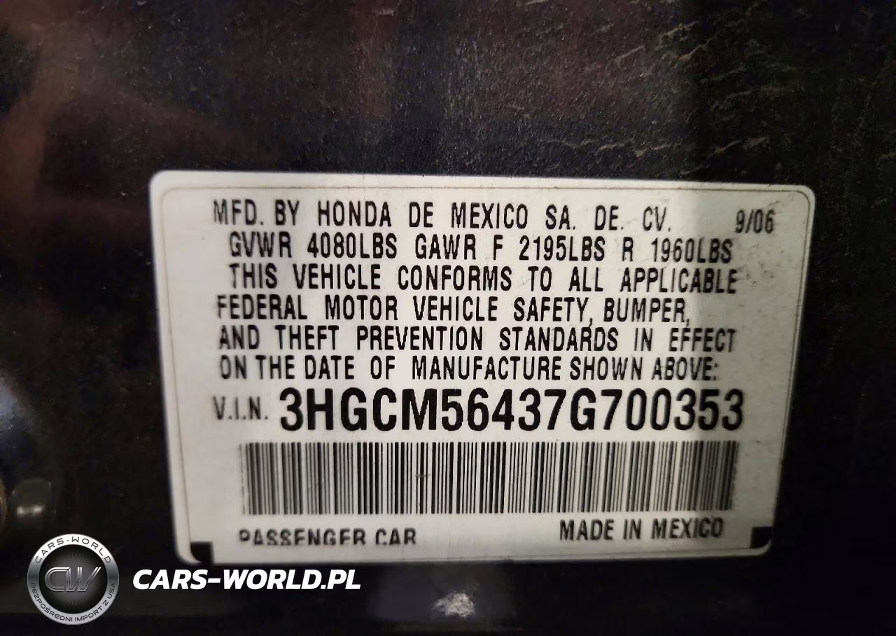 2007 Honda Accord Lx VIN:3HGCM56437G700353 - 12