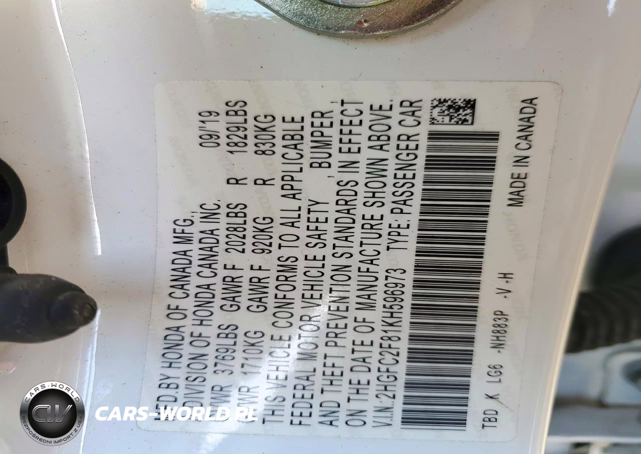 2019 Honda Civic Sport VIN:2HGFC2F81KH596973 - 12