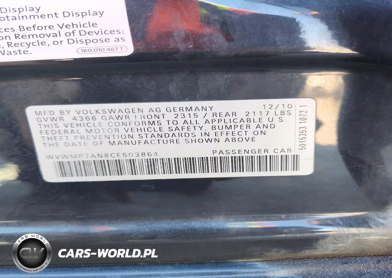 2012 Volkswagen Cc Sport VIN:WVWMP7AN8CE503864 - 13