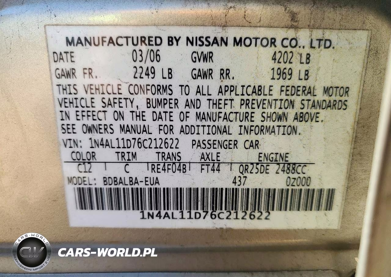 2006 Nissan Altima 2.5 VIN:1N4AL11D76C212622 - 12
