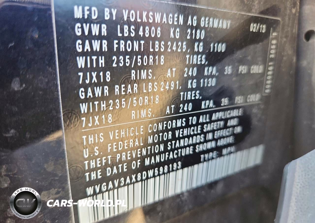 2013 Volkswagen Tiguan S VIN:WVGAV3AX8DW598193 - 12
