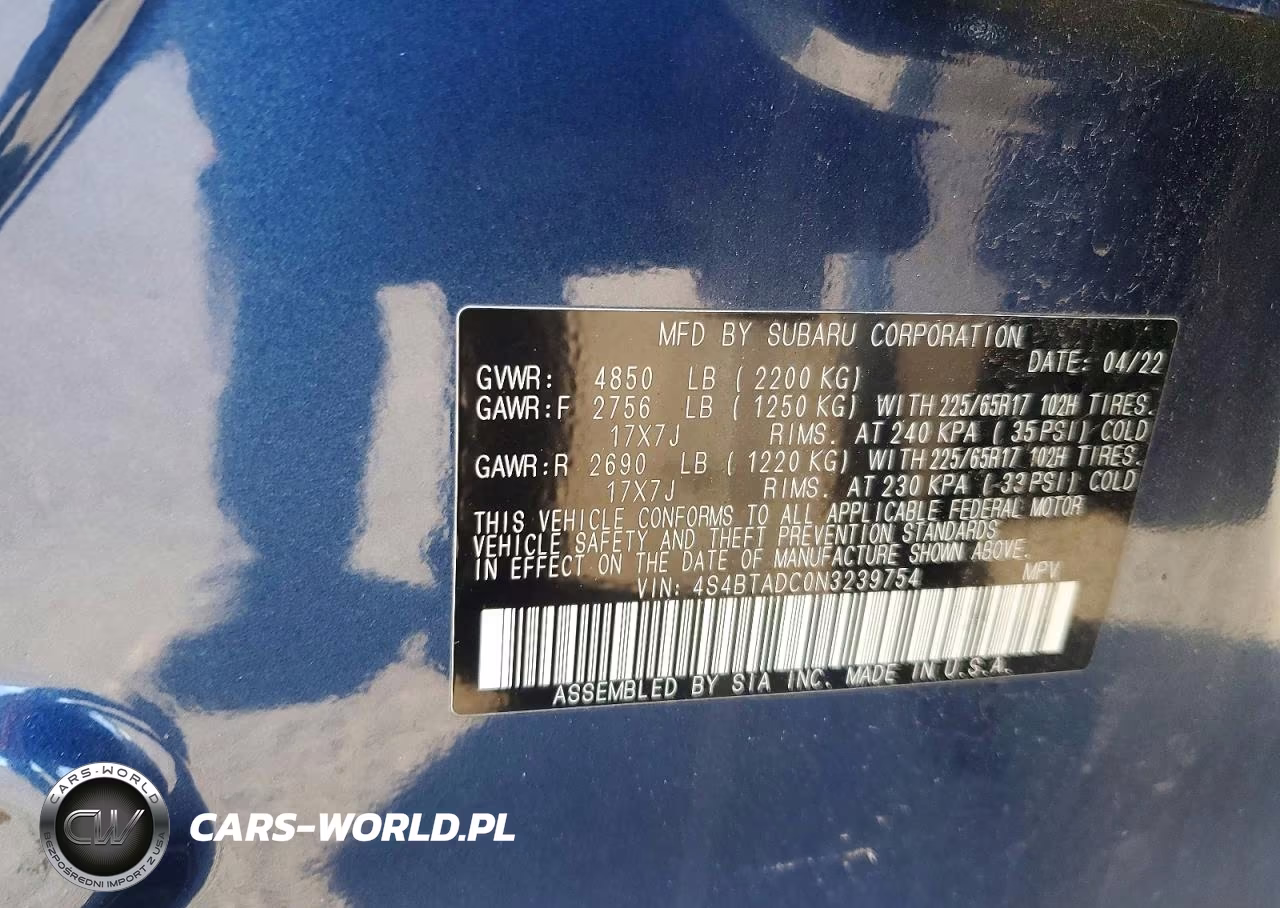 2022 Subaru Outback Premium VIN:4S4BTADC0N3239754 - 14
