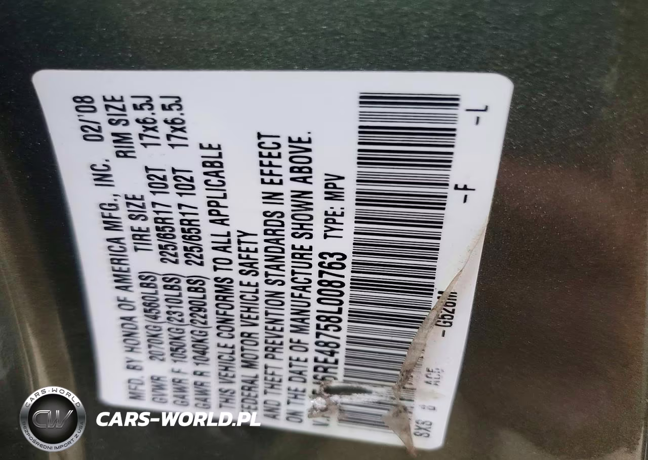 2008 Honda Cr-V Exl VIN:5J6RE48758L008763 - 12