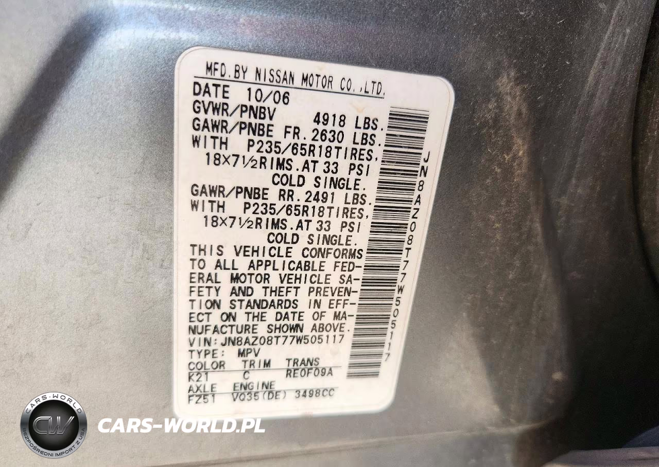 2007 Nissan Murano S VIN:JN8AZ08T77W505117 - 14