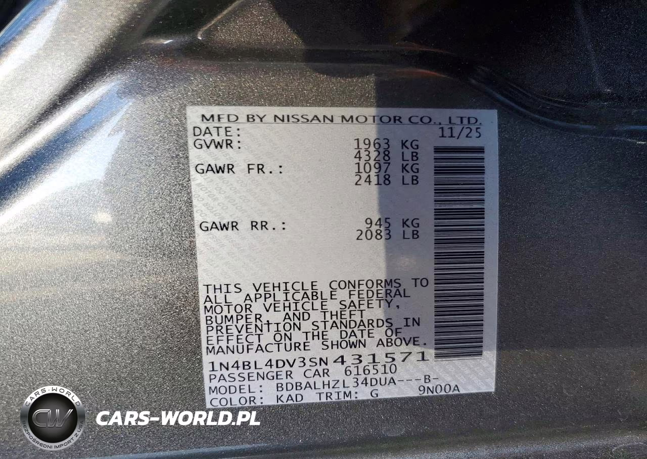 2025 Nissan Altima Sv VIN:1N4BL4DV3SN431571 - 13