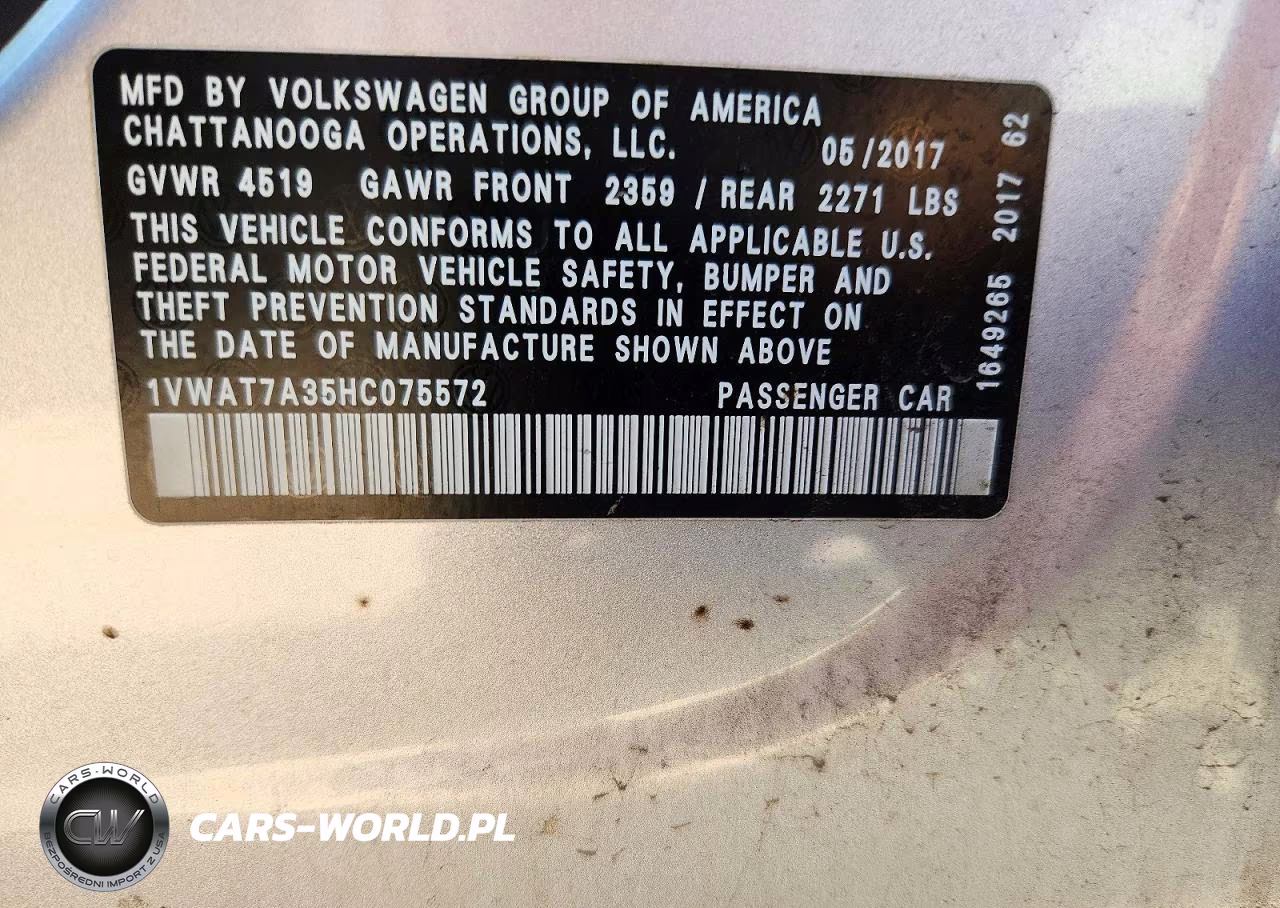 2017 Volkswagen Passat S VIN:1VWAT7A35HC075572 - 12