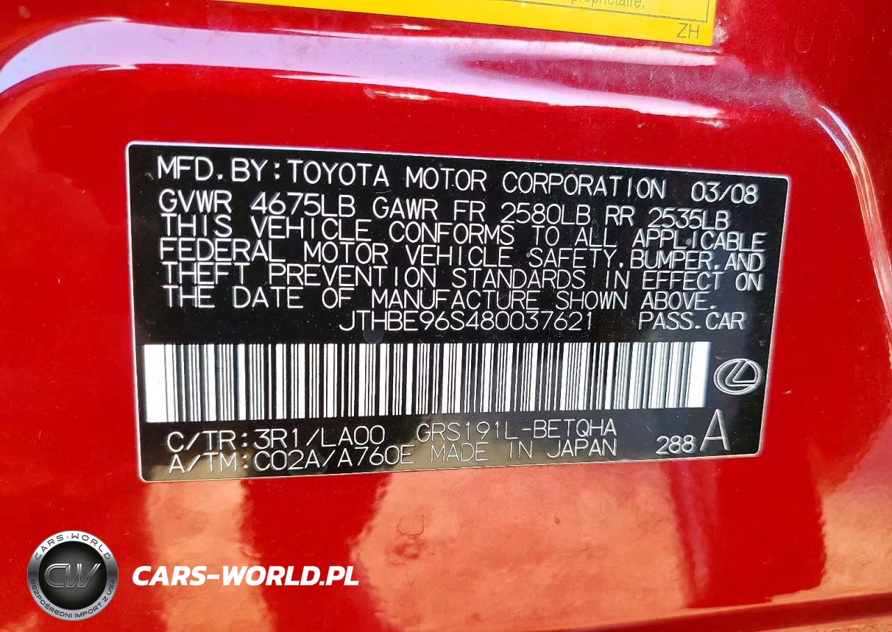 2008 Lexus Gs 350 VIN:JTHBE96S480037621 - 12