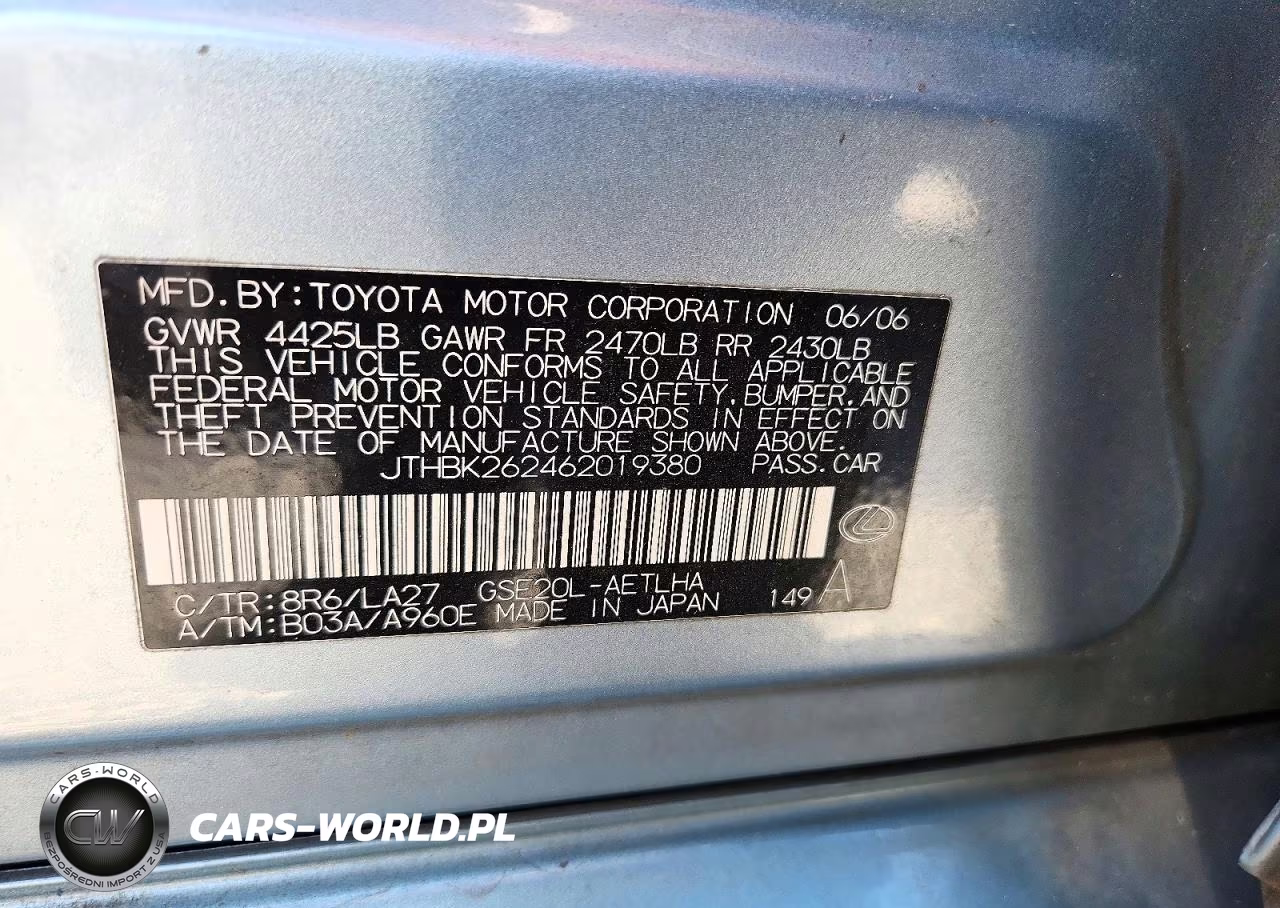 2006 Lexus Is 250 VIN:JTHBK262462019380 - 12
