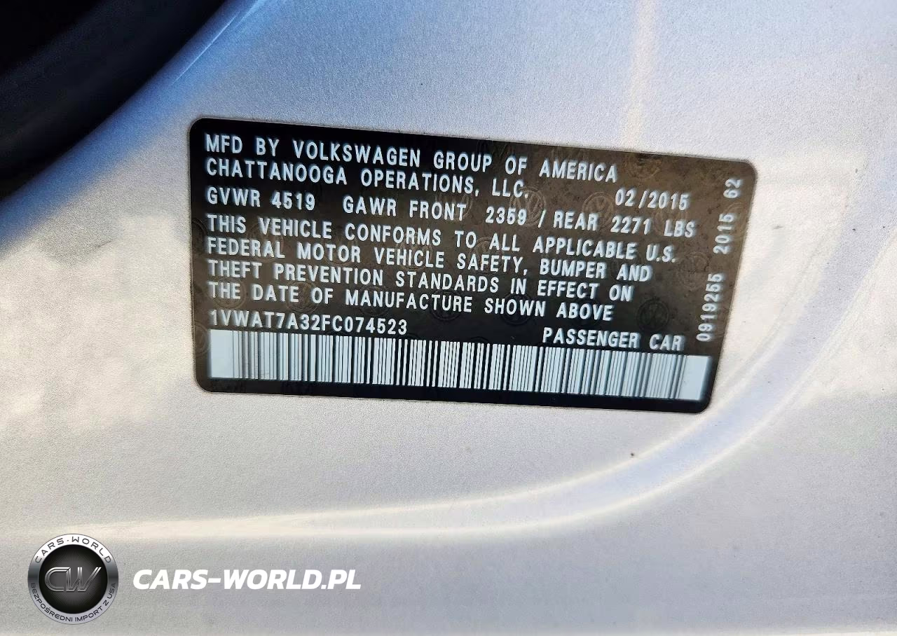 2015 Volkswagen Passat S VIN:1VWAT7A32FC074523 - 12