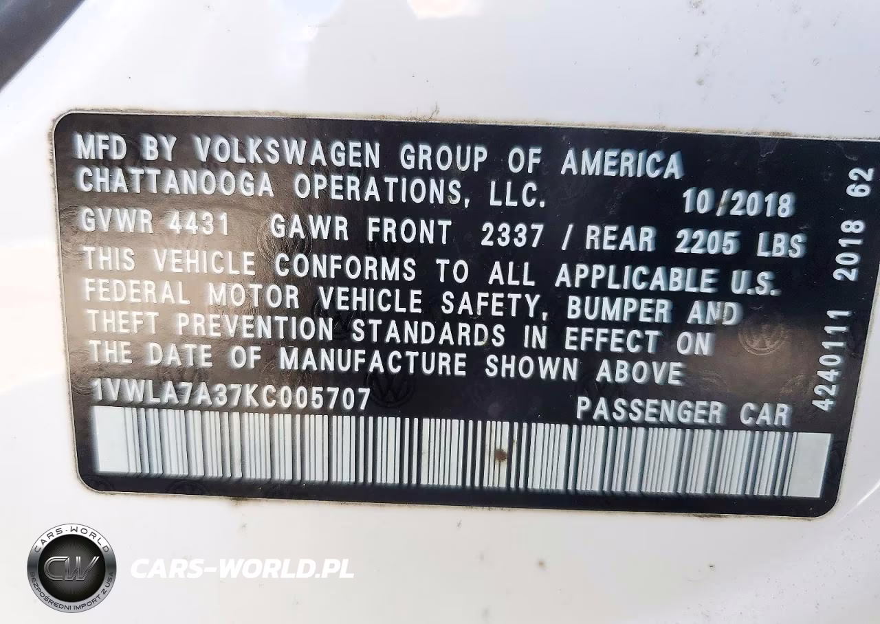 2019 Volkswagen Passat Wolfsburg VIN:1VWLA7A37KC005707 - 12