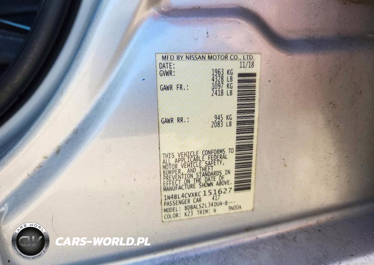 2019 Nissan Altima Sr VIN:1N4BL4CVXKC151627 - 12