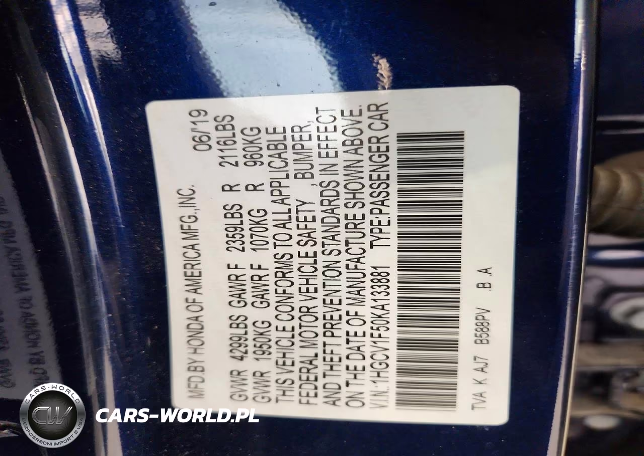 2019 Honda Accord Exl VIN:1HGCV1F50KA133881 - 12
