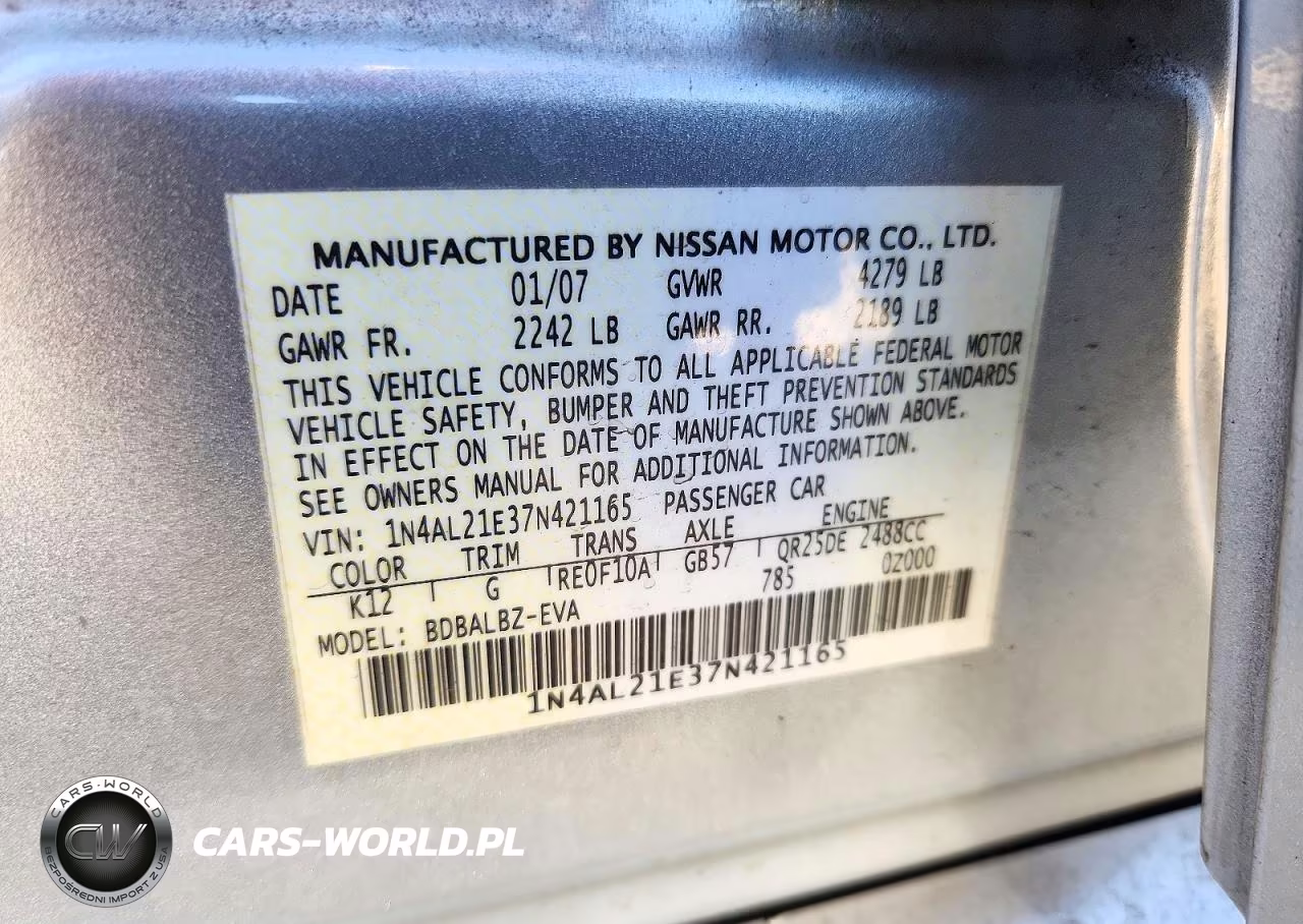 2007 Nissan Altima 2.5 VIN:1N4AL21E37N421165 - 13