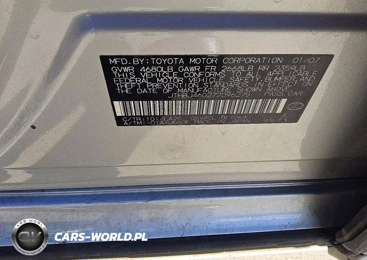 2007 Lexus Es 350 VIN:JTHBJ46G272096275 - 12