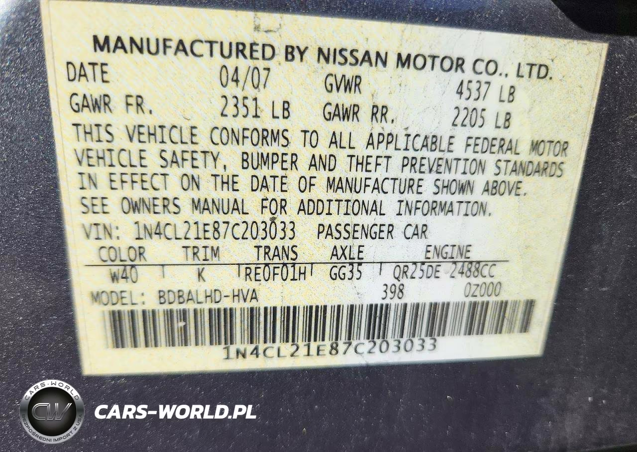2007 Nissan Altima Hybrid VIN:1N4CL21E87C203033 - 12