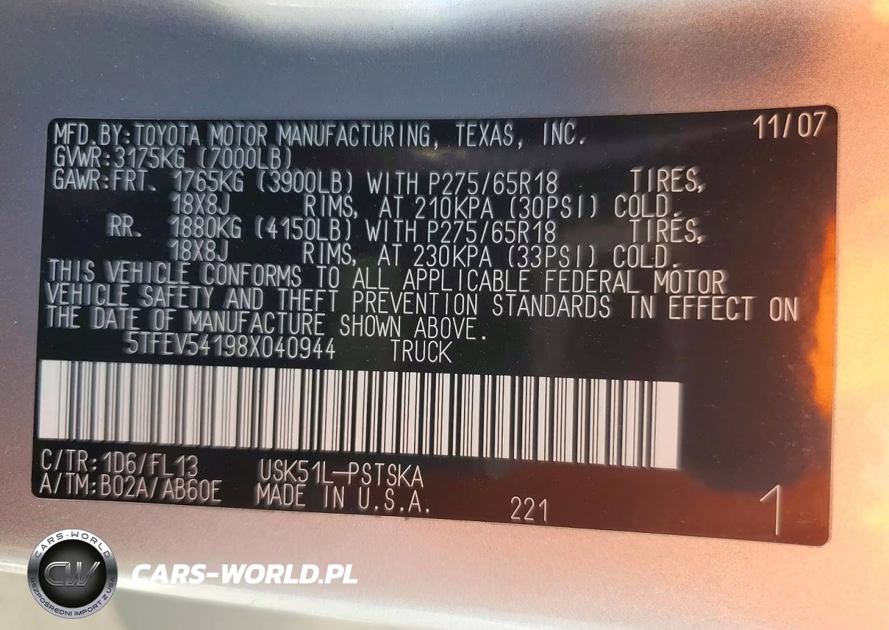 2008 Toyota Tundra Grade VIN:5TFEV54198X040944 - 12