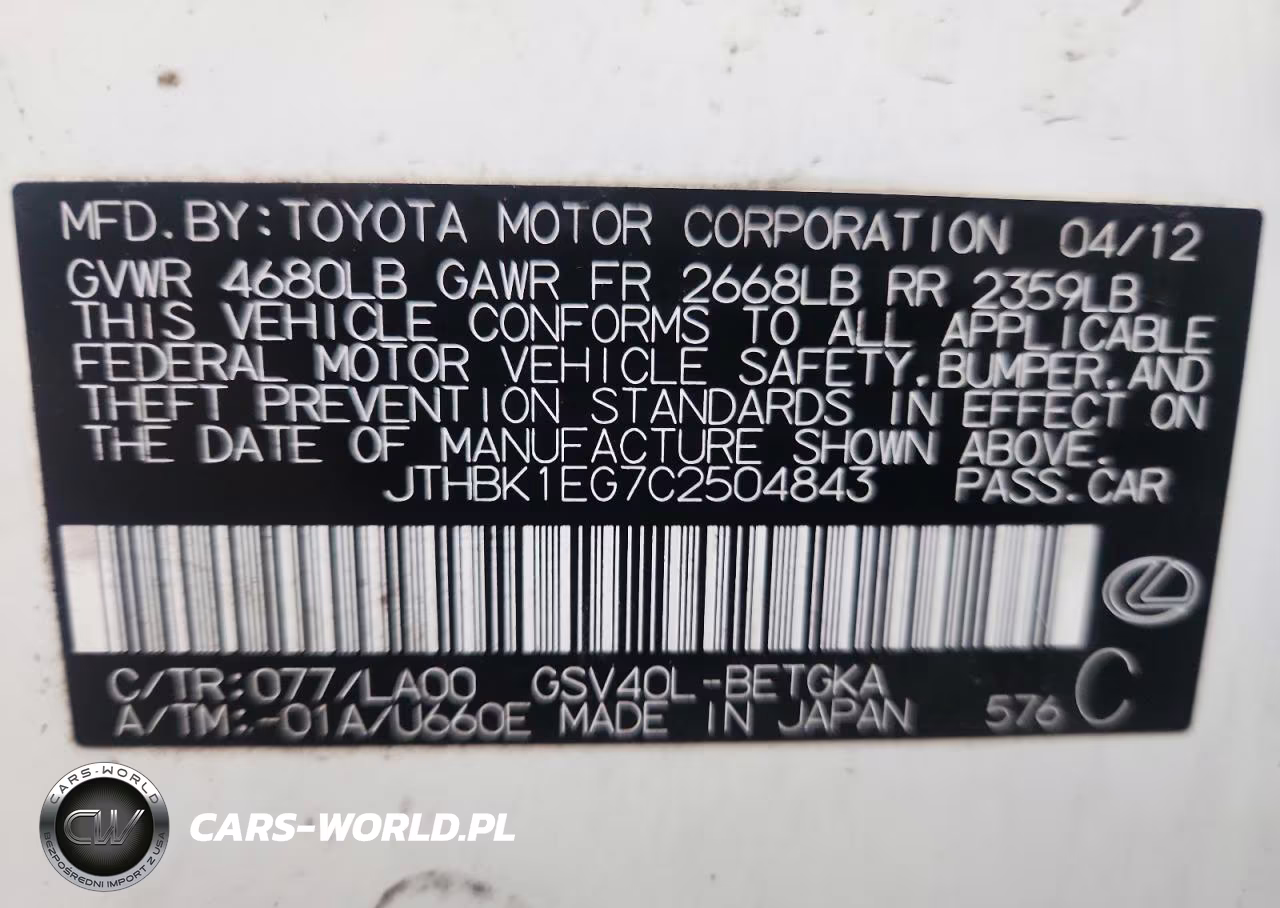 2012 Lexus Es 350 VIN:JTHBK1EG7C2504843 - 12