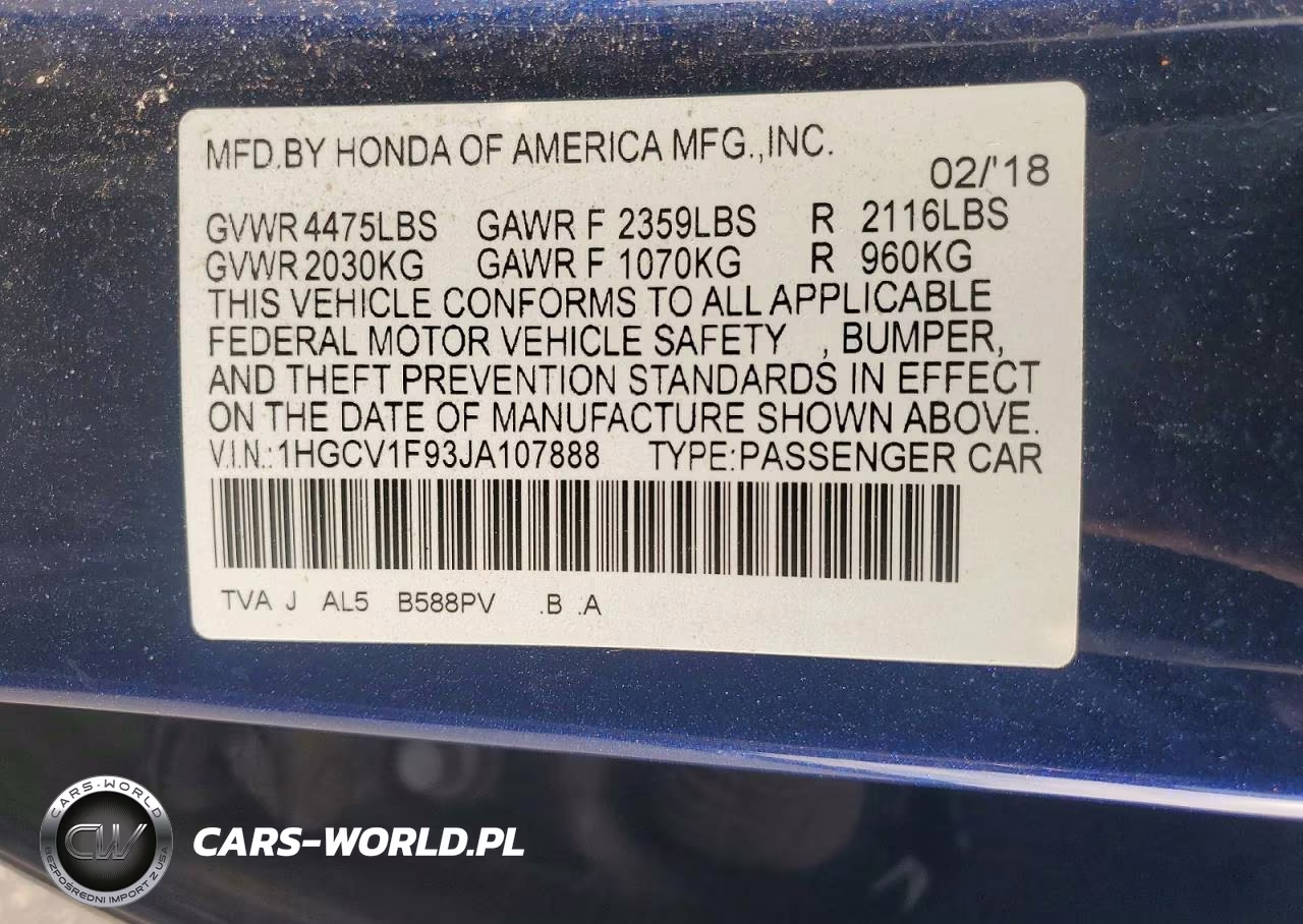 2018 Honda Accord Touring VIN:1HGCV1F93JA107888 - 12