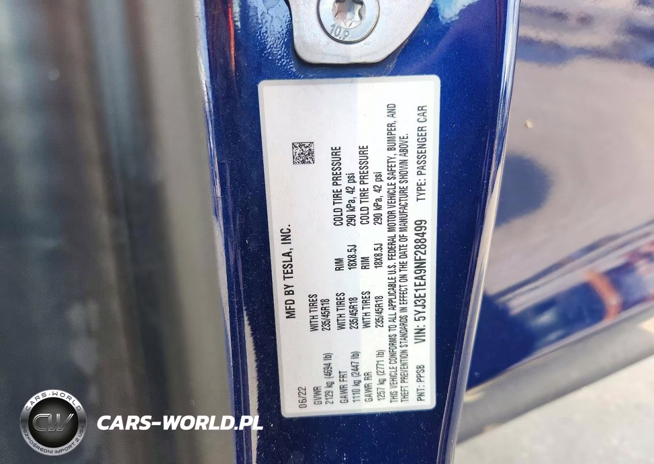 TESLA MODEL 3 VIN:5YJ3E1EA9NF288499 - 12