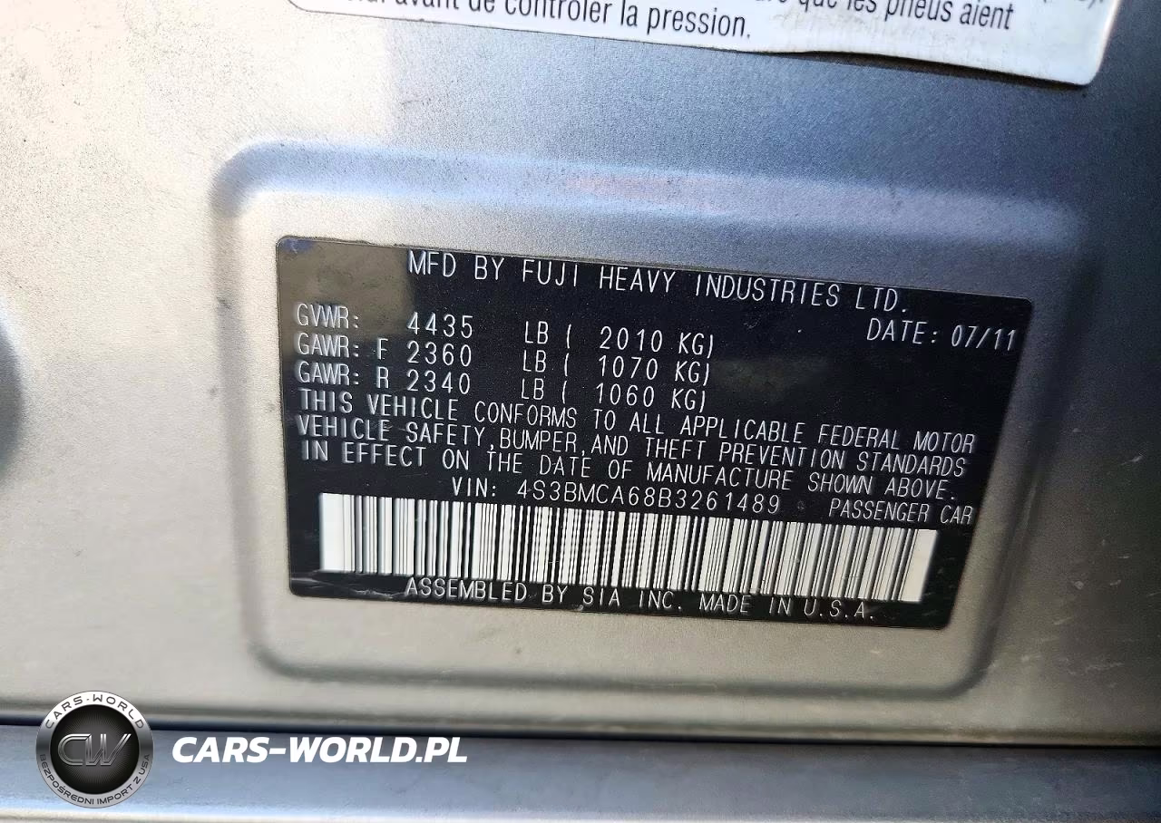 2011 Subaru Legacy 2.5I VIN:4S3BMCA68B3261489 - 12